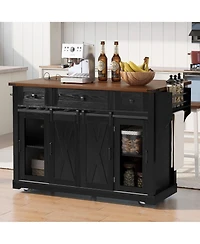 Boyel Living 58" Farmhouse Kitchen Island with Storage, Sliding Barn Door & Metal Grid Side Door, Rolling Table D