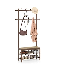 Costway Bamboo Coat Rack with Bench Shoe Storage 2 Hanging Rods 11 Hooks Shelves