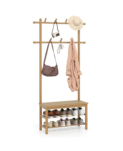 Costway Bamboo Coat Rack with Bench Shoe Storage 2 Hanging Rods 11 Hanging Hooks Shelves