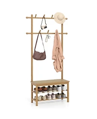 Costway Bamboo Coat Rack with Bench Shoe Storage 2 Hanging Rods 11 Hanging Hooks Shelves