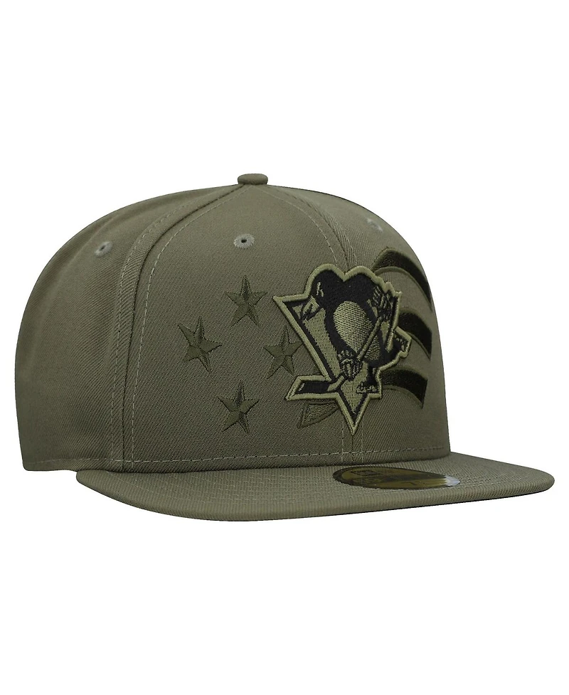 New Era Men's Olive Pittsburgh Penguins Military Appreciation Flag 59FIFTY Fitted Hat