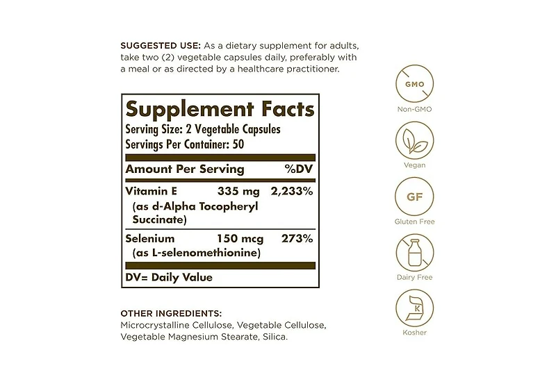 Solgar Dry Vitamin E with Yeast-Free Selenium Vegetable Capsules ,100 V Caps