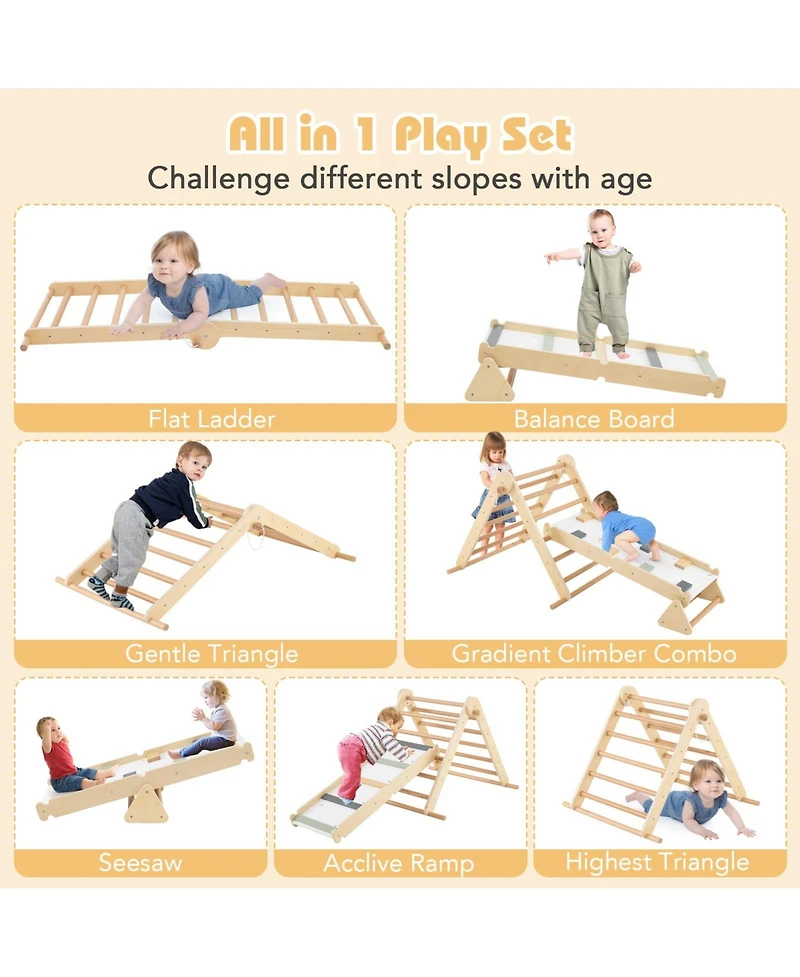 Mecale 3-in-1 Pikler Triangle Climbing Set Kids Foldable Montessori Toys with Ramp