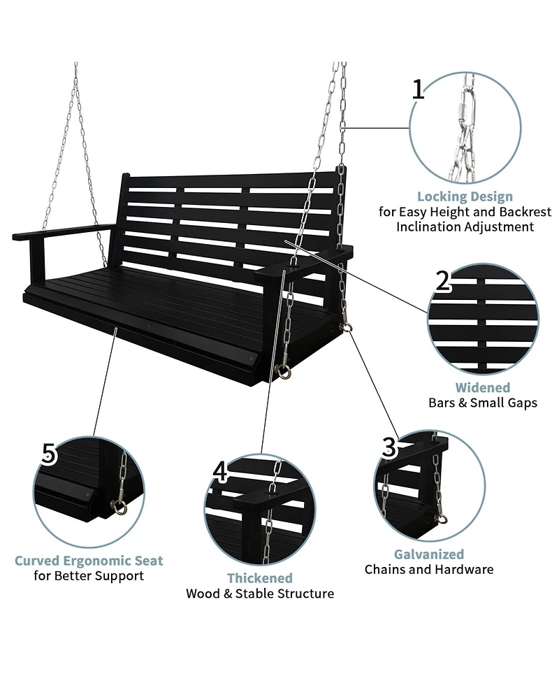 Mega Casa 5 Ft Extra Large 3-Seater Wooden Porch Swing, for Outdoor Patio Garden Yard (Deep Brown)