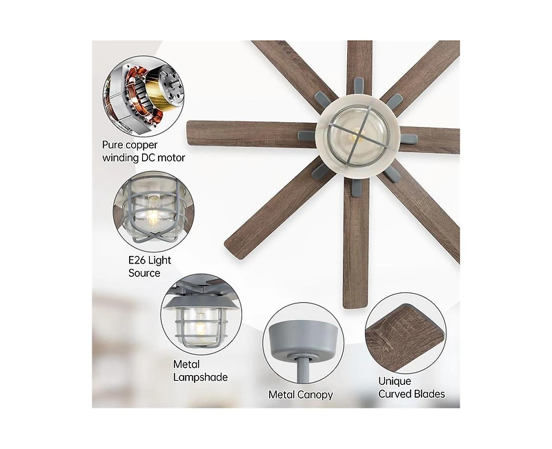 Sofucor 52-inch Grey Farmhouse 8-Blade Indoor Ceiling Fans with Light Kit and Remote Control Dc Motor Bubble Glass Lampshade