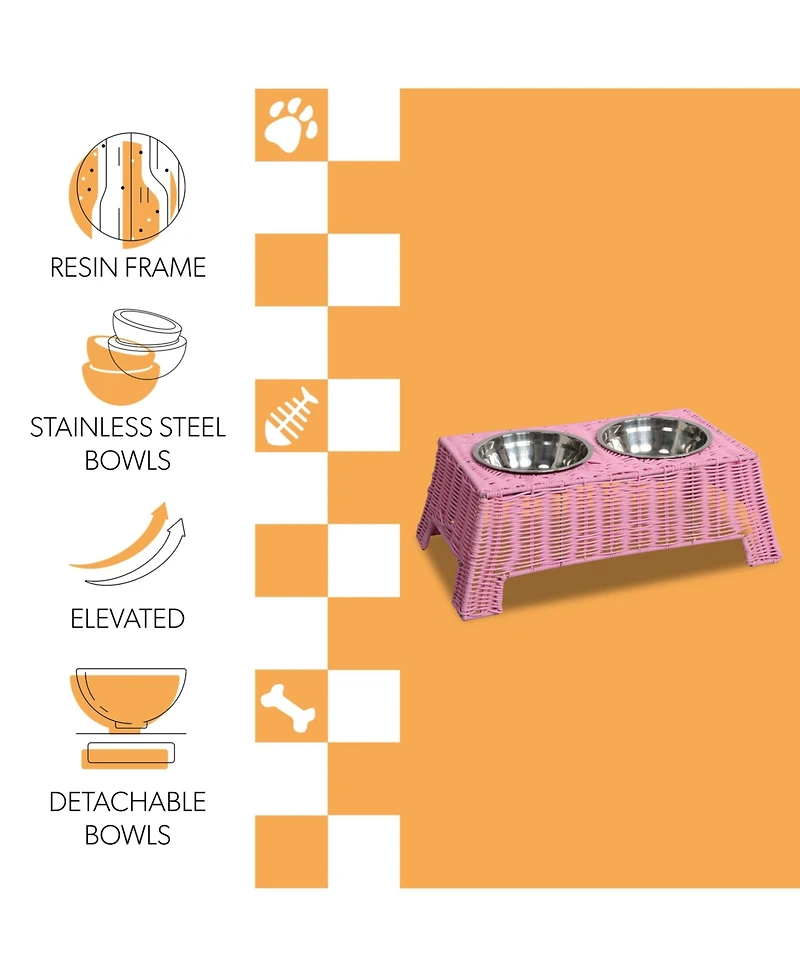 The Licker Store Serenity 6.9" Small/Medium Elevated Wicker Pet Feeder with 18oz (2.2 Cups) 2-Stainless Steel Bowls