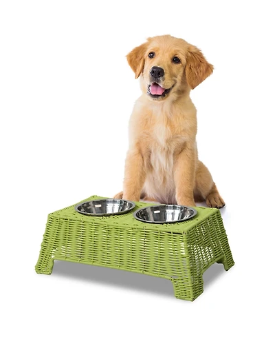 The Licker Store Serenity 6.9" Small/Medium Elevated Wicker Pet Feeder with 18oz (2.2 Cups) 2-Stainless Steel Bowls