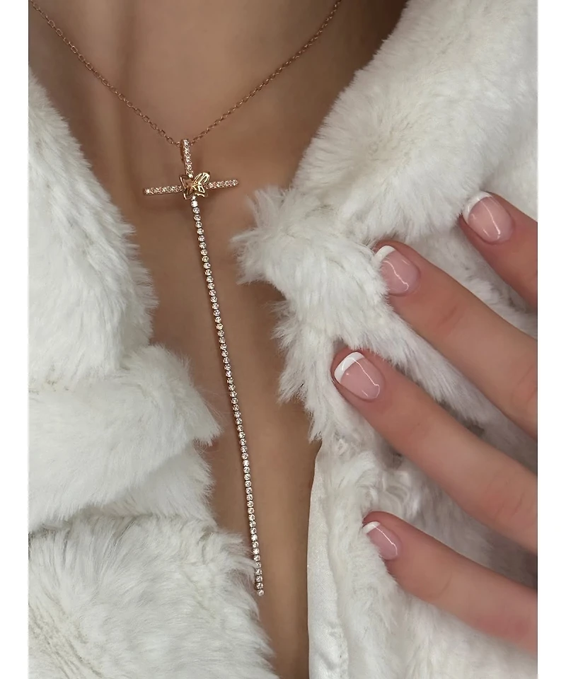 Suzy Levian New York Sterling Silver Cubic Zirconia Flower Accent Cross Long Line Drop Pendant