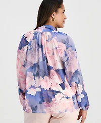 Tahari Asl Plus Printed Ruffle-Tie Long-Sleeve Blouse