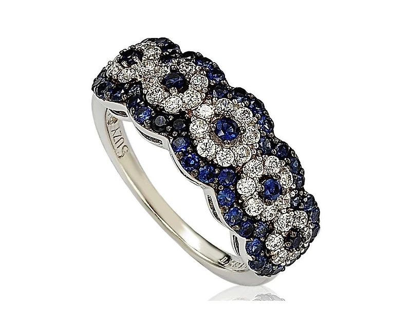 Suzy Levian Sterling Silver Sapphire 5 Stone Halo Anniversary Band Ring