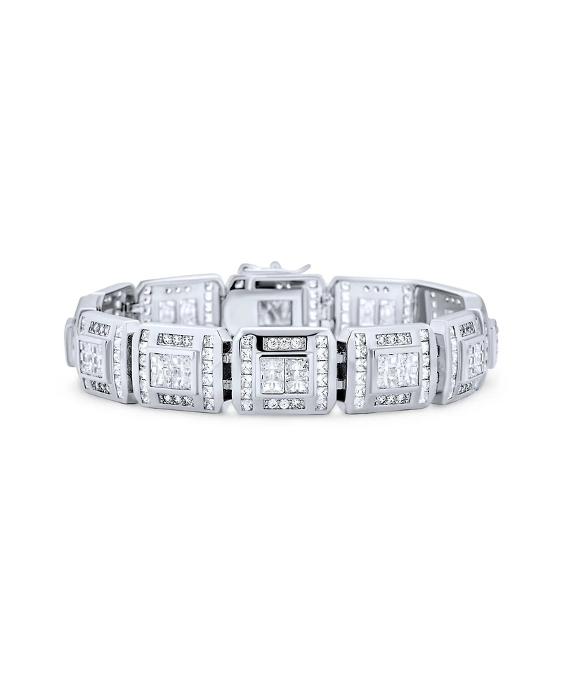 Bling Jewelry Heavy Iced-Out Cz Cubic Zirconia Big Square Link Statement Bracelet Silver Plated