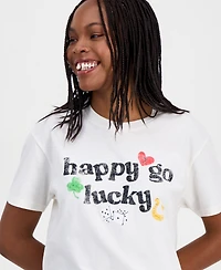 Rebellious One Juniors' Short-Sleeve Cropped Happy Go Lucky Graphic T-Shirt