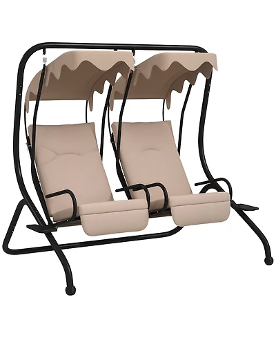 Outsunny 2-Seat Patio Swing Chair w/ Removable Canopy & Cup Holders,