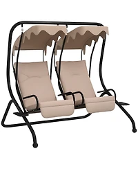 Outsunny 2-Seat Patio Swing Chair w/ Removable Canopy & Cup Holders,