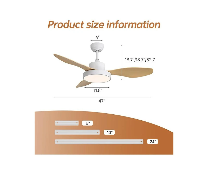Sofucor 47-inch Modern White 3 Blades Ceiling Fan with Six-Speed Remote Control and Timing Function and Light Kit