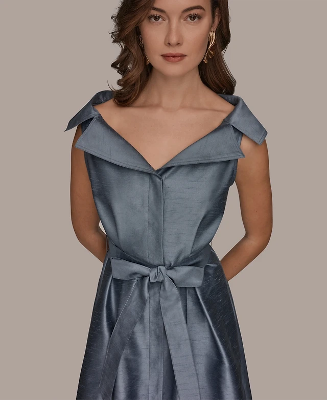 donna karan women's belted asymmetric midi dress Donna Karan New York Women's Jacquard Asymmetrical Neck Fit & Flare Dress with Belt - Lilac
