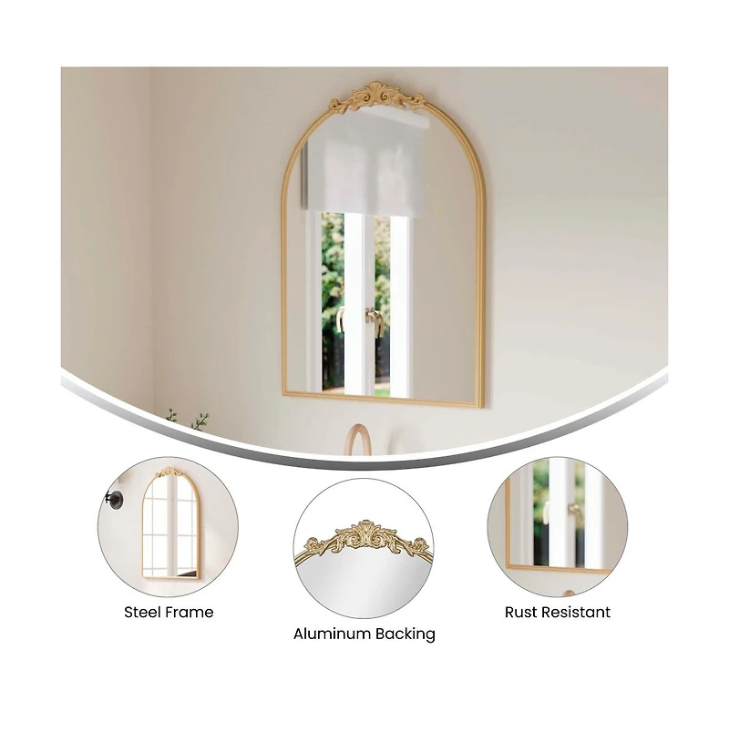 Emma+Oliver Monte Arched Wall Mirror with Baroque Style Detail, and Aluminum Backed Glass for Clarity for Entryways, Bathrooms & More