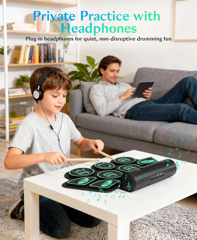 Sugift Kids Roll-Up Electronic Drum Set with Speakers, Headphone Jack & Foot Pedals