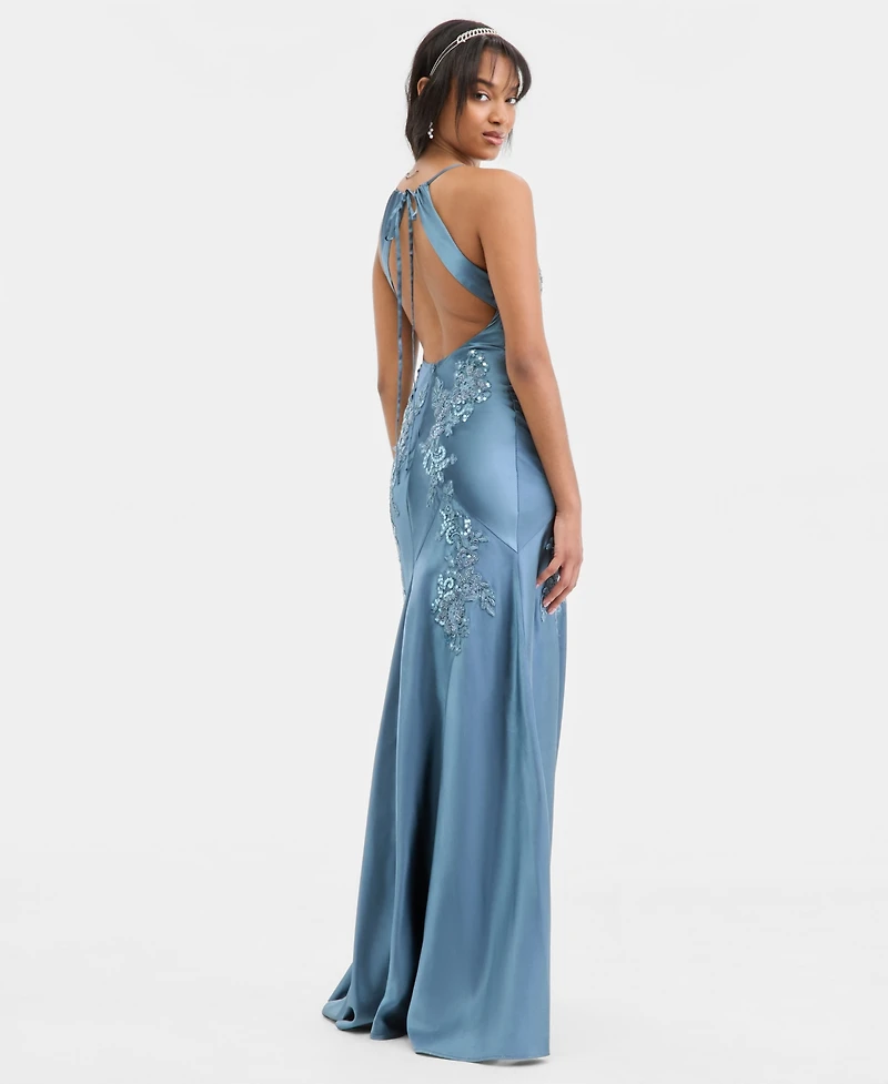 City Studios Juniors' Applique Satin Gown