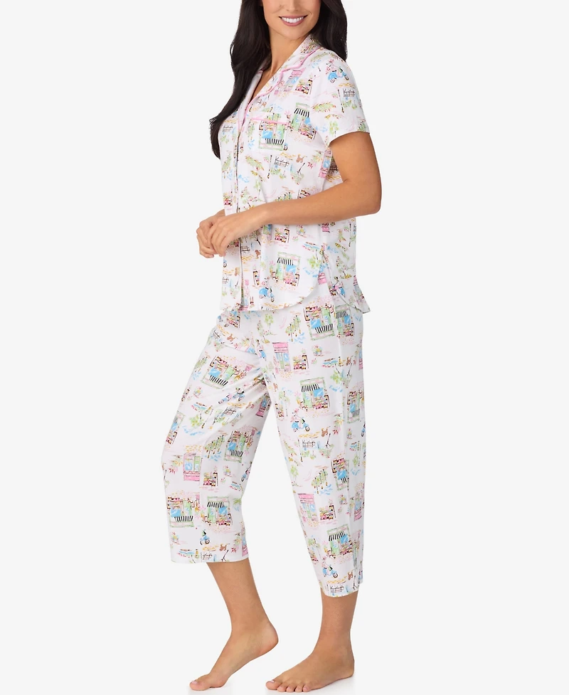 Cuddl Duds Women's Cropped Notch Collar Pajama Top and Pants, 2-Piece Set