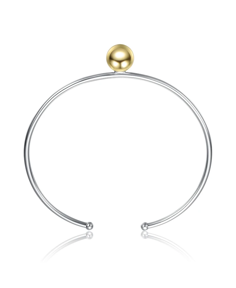 Sterling Silver Two-Tone with 14K Gold Plated Sphere and Sleek White Gold Plated Design Open Cuff Bracelet