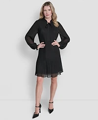 Dkny Women's Chiffon Pleated Tie Collar Shift Dress