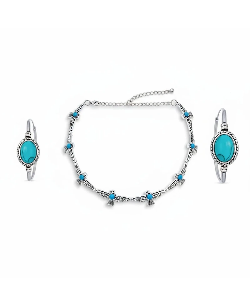 Bling Jewelry Southwestern-Inspired Choker Necklace and Compressed Turquoise Hoop Earrings Jewelry Set