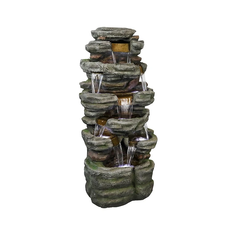 SunJet 47.2" 6-Tier Cascading Rock Outdoor Water Fountain with Led Lights