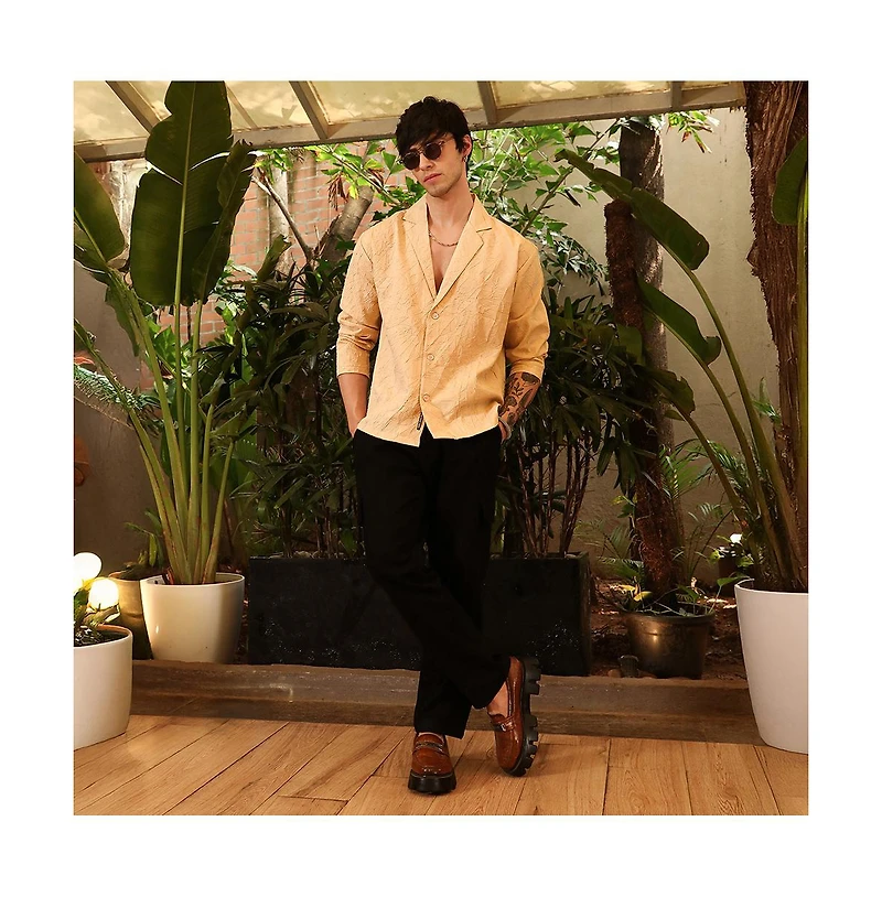 Campus Sutra Men's Buff Beige Wrinkled Korean Oversized Shirt