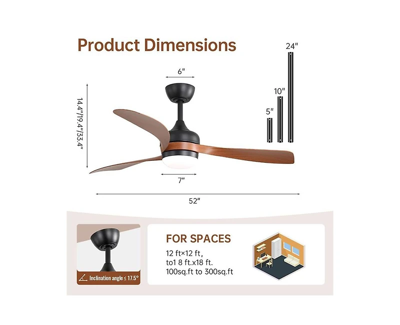 Sofucor 52-inch Modern Black Ceiling Fan with Led Light and Remote Control Dc Motor