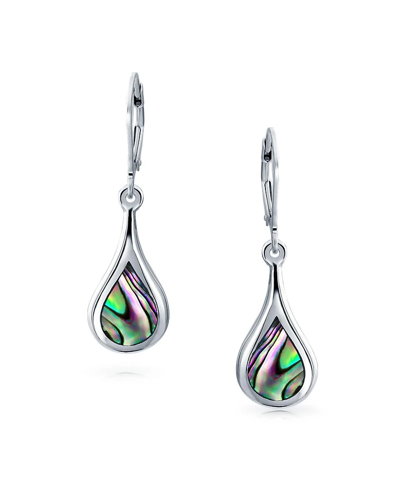 Bling Jewelry Geometric Iridescent Rainbow Natural Abalone Seashell Rain Drop Teardrop Dangle Earrings Sterling Silver Lever Back