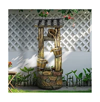 SunJet 39.3" Rustic Wishing Well Outdoor Water Fountain with Led Lights