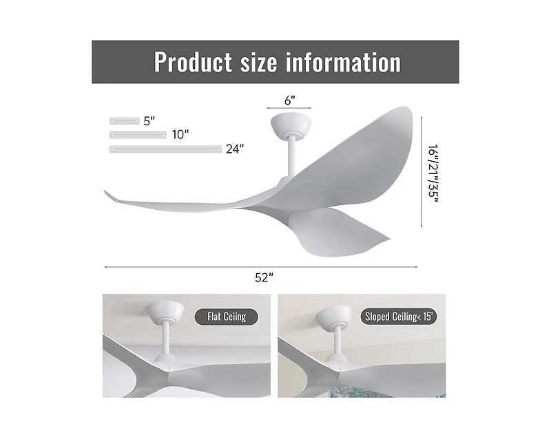 Sofucor 52-inch Light weight Modern White 3-Blade Ceiling Fans with Remote Control Function