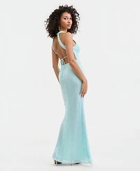 B Darlin Juniors' V-Neck Low-Back Bead-Embellished Gown
