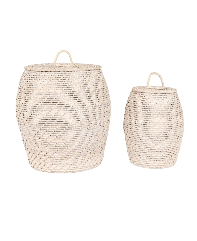 Storied Home Rattan Wicker Storage Basket with Lid, Washed Black Finish, Set of 2