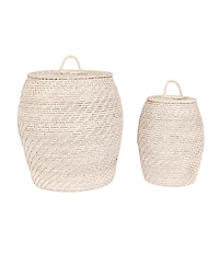 Storied Home Rattan Wicker Storage Basket with Lid, Washed Black Finish, Set of 2