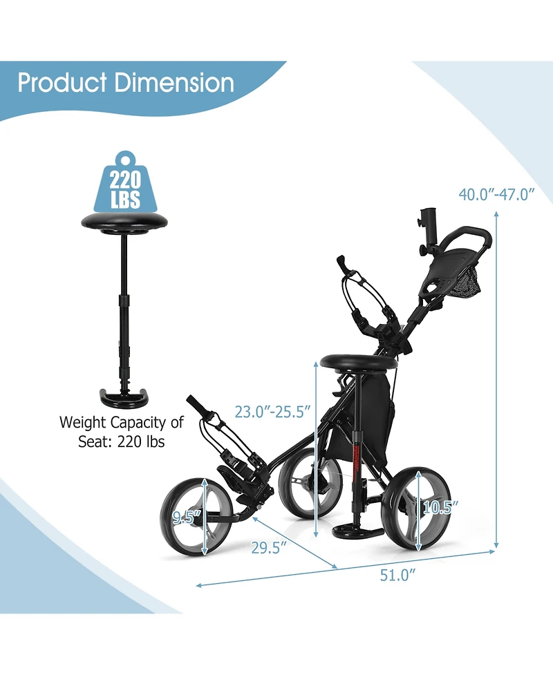 Givimo 3 Wheels Folding Golf Push Cart with Seat Scoreboard and Adjustable Handle-Gray