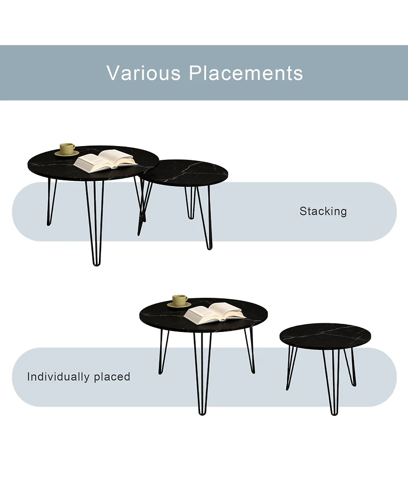 sumyeg 27.56 Inch Round Nesting Coffee Table Set of 2 with Marble Tabletop and Metal Base