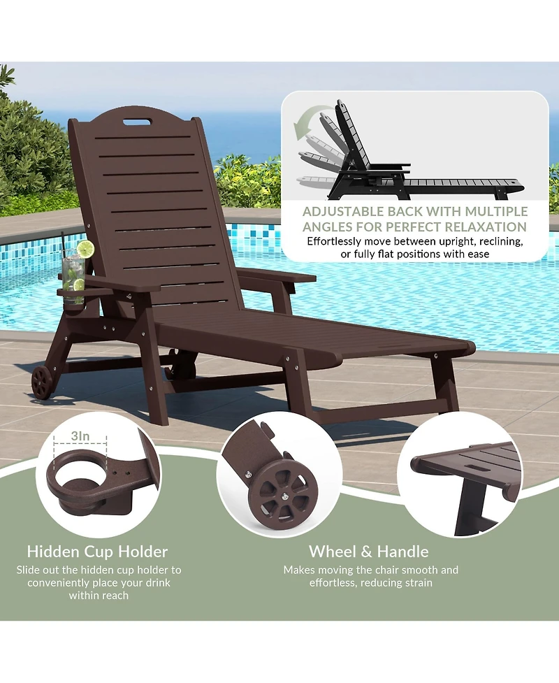 WestinTrends 3-Piece Polyethylene Outdoor Patio Chaise Lounge Chair with Wheels & Cup Holder Side Table