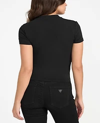 Guess Women's Rhinestone-Logo Mock-Neck Short-Sleeve Top
