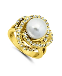 Imitation Pearl and Cubic Zirconia Pave Swirl Ring Silver Plate