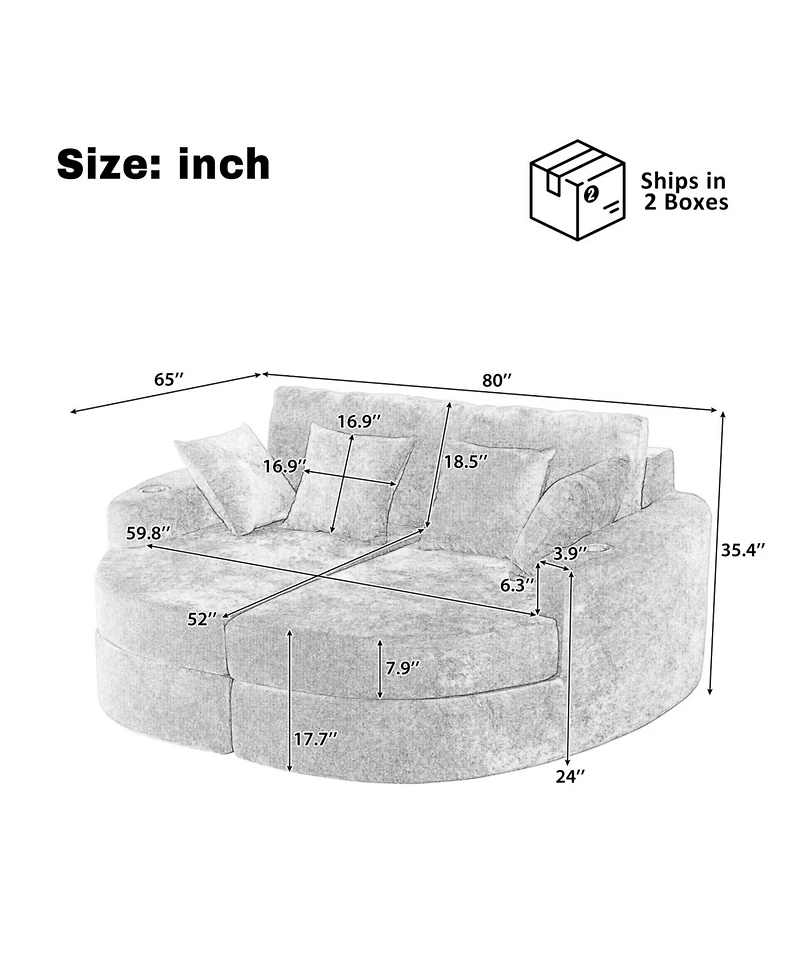 Streamdale Furniture Full-Compressed Chaise Sofa 80" Curved Boneless Couch with Cup Holders, Black