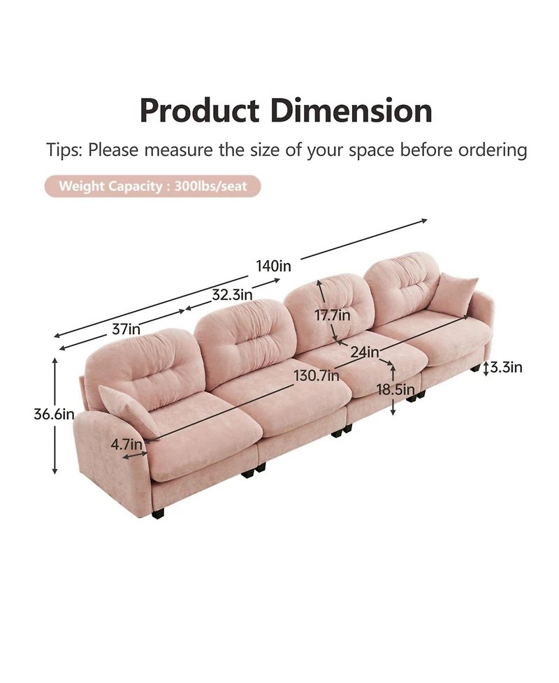 Streamdale Furniture Streamdale Four-Seater Modular Chenille Sectional Couch with Pillows, Pink
