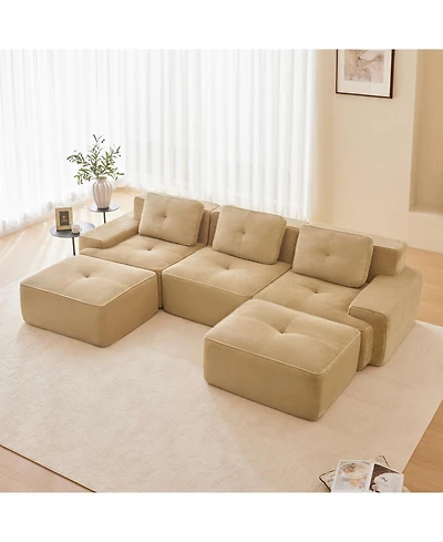 Streamdale Furniture Streamdale Modern U-Shaped Corduroy Sectional Sofa with Movable Ottoman - Camel