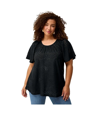 ellos Women's Flutter Sleeve Knit Eyelet Tunic