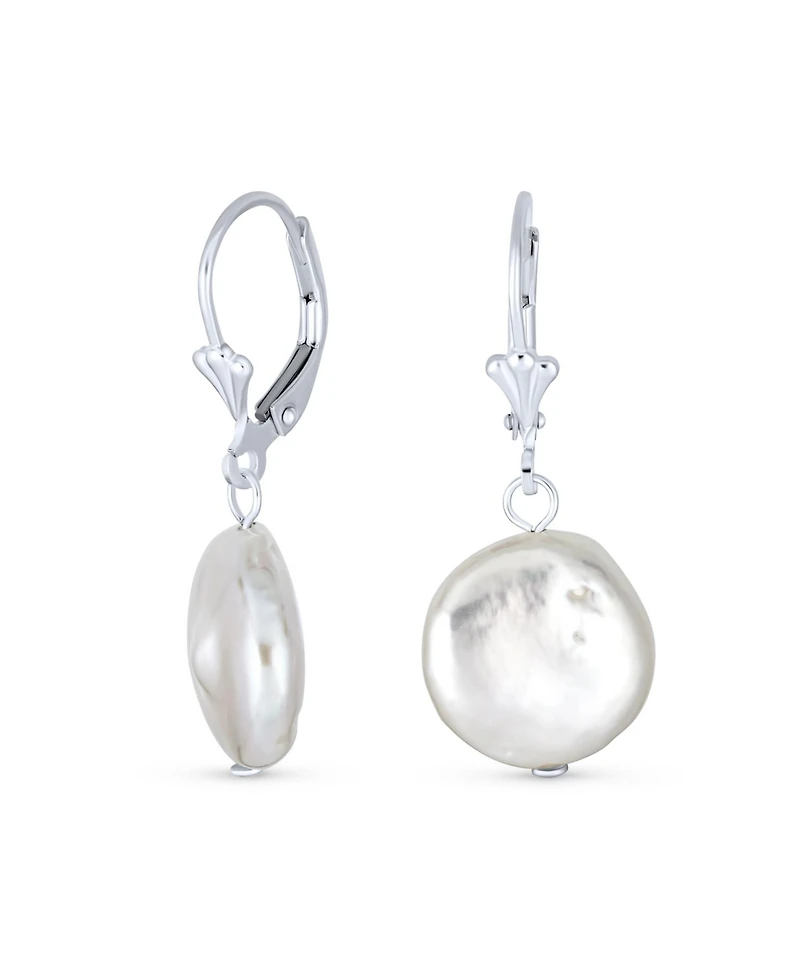 Bling Jewelry Baroque Irregular Round Coin Shaped White Biwa Pearl Dangle Earrings Sterling Silver Lever back
