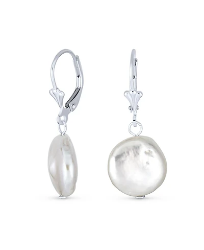 Bling Jewelry Baroque Irregular Round Coin Shaped White Biwa Pearl Dangle Earrings Sterling Silver Lever back