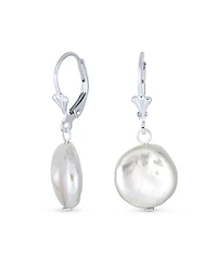 Bling Jewelry Baroque Irregular Round Coin Shaped White Biwa Pearl Dangle Earrings Sterling Silver Lever back