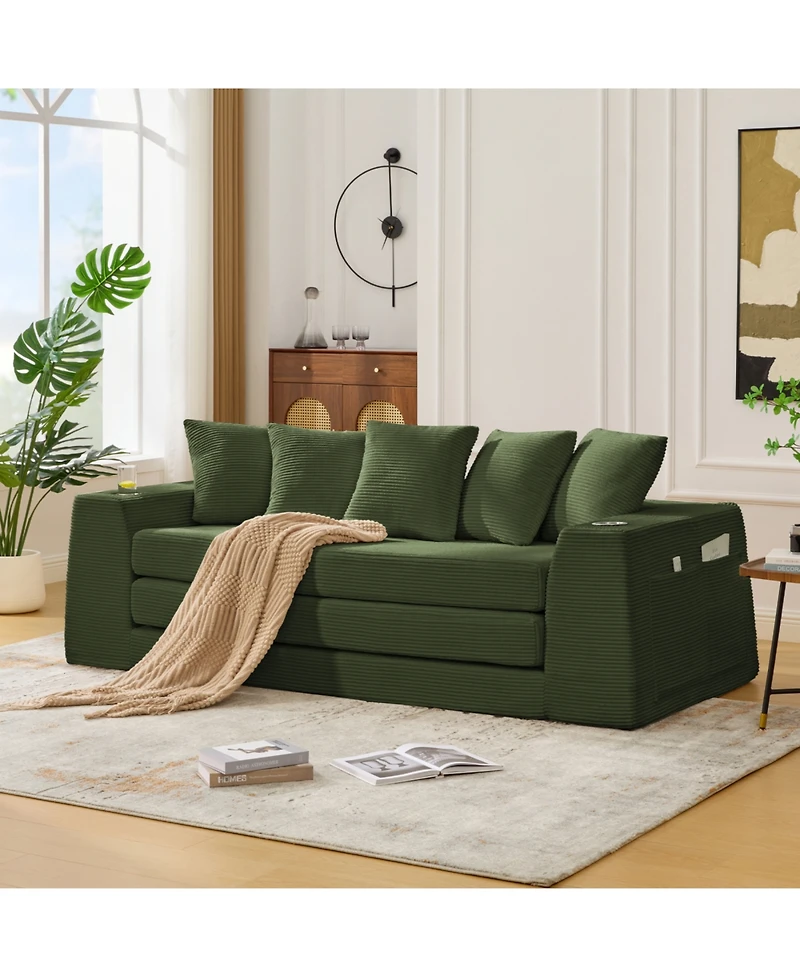 Streamdale Furniture Corduroy Convertible Sofa Bed Loveseat Sleeper with 5 Pillows, Green