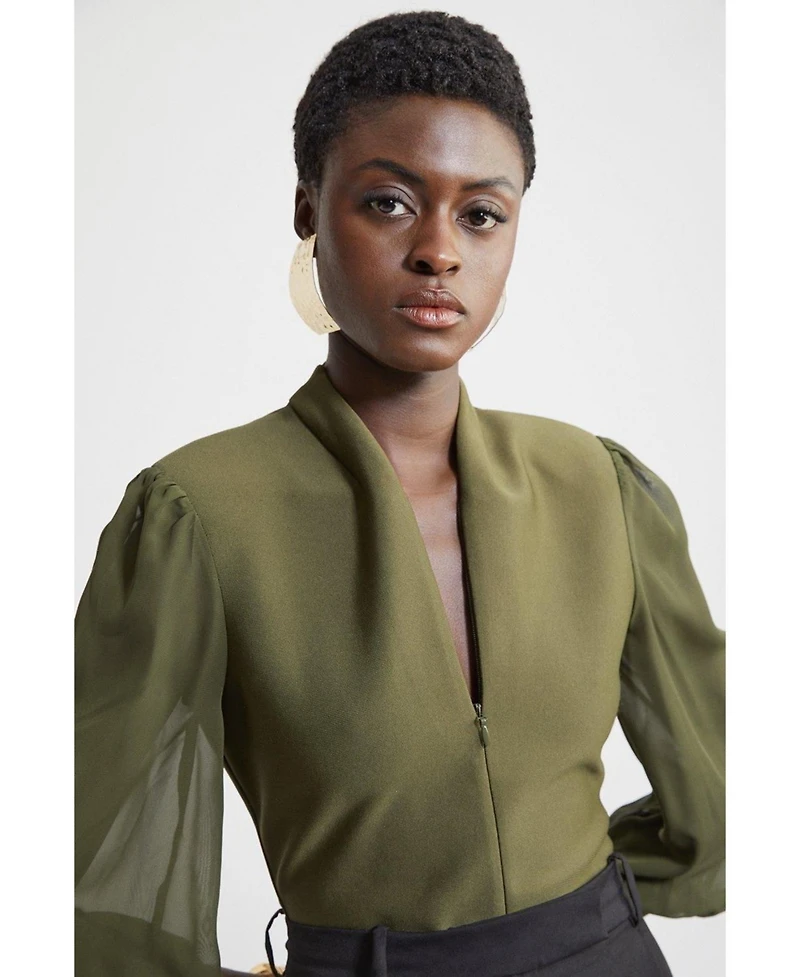 Karen Millen Women's Zip Detail Chiffon Sleeve Knit Top